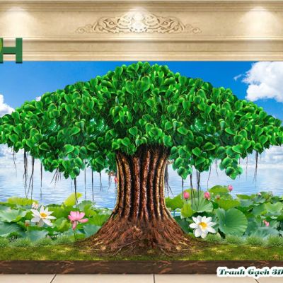 Tranh gạch 5D cây bồ đề phòng thờ